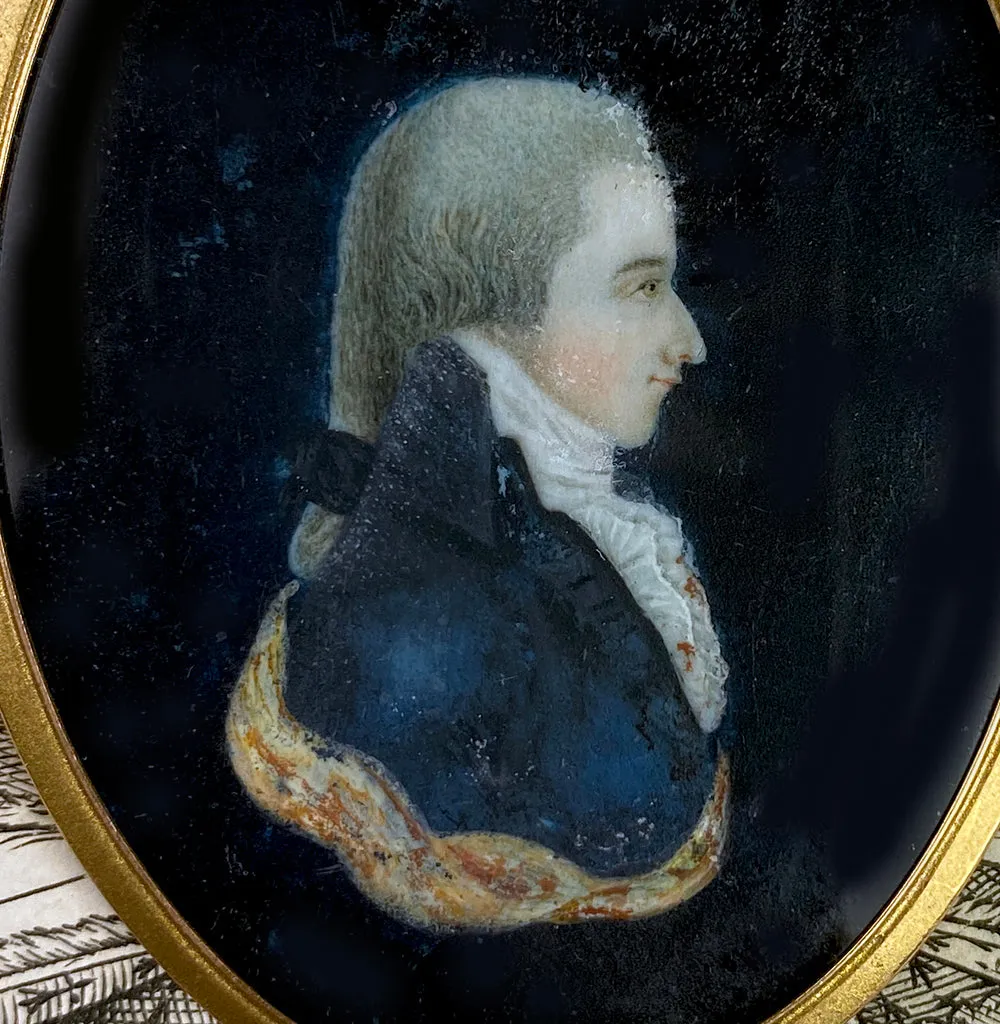 Antique 18th Century French Revolution Era Portrait Miniature, Profile of a Young Man