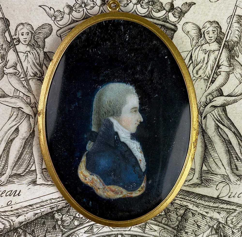 Antique 18th Century French Revolution Era Portrait Miniature, Profile of a Young Man