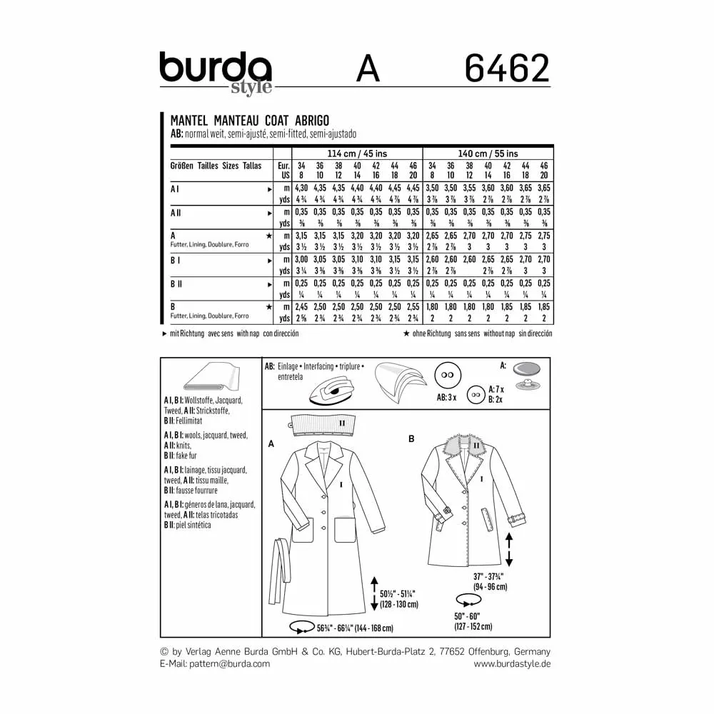 BURDA - 6462 Ladies Coat