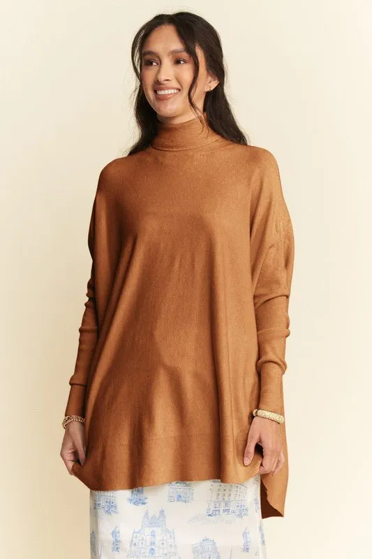 High-Low Hem Knit Turtleneck Top in Caramel