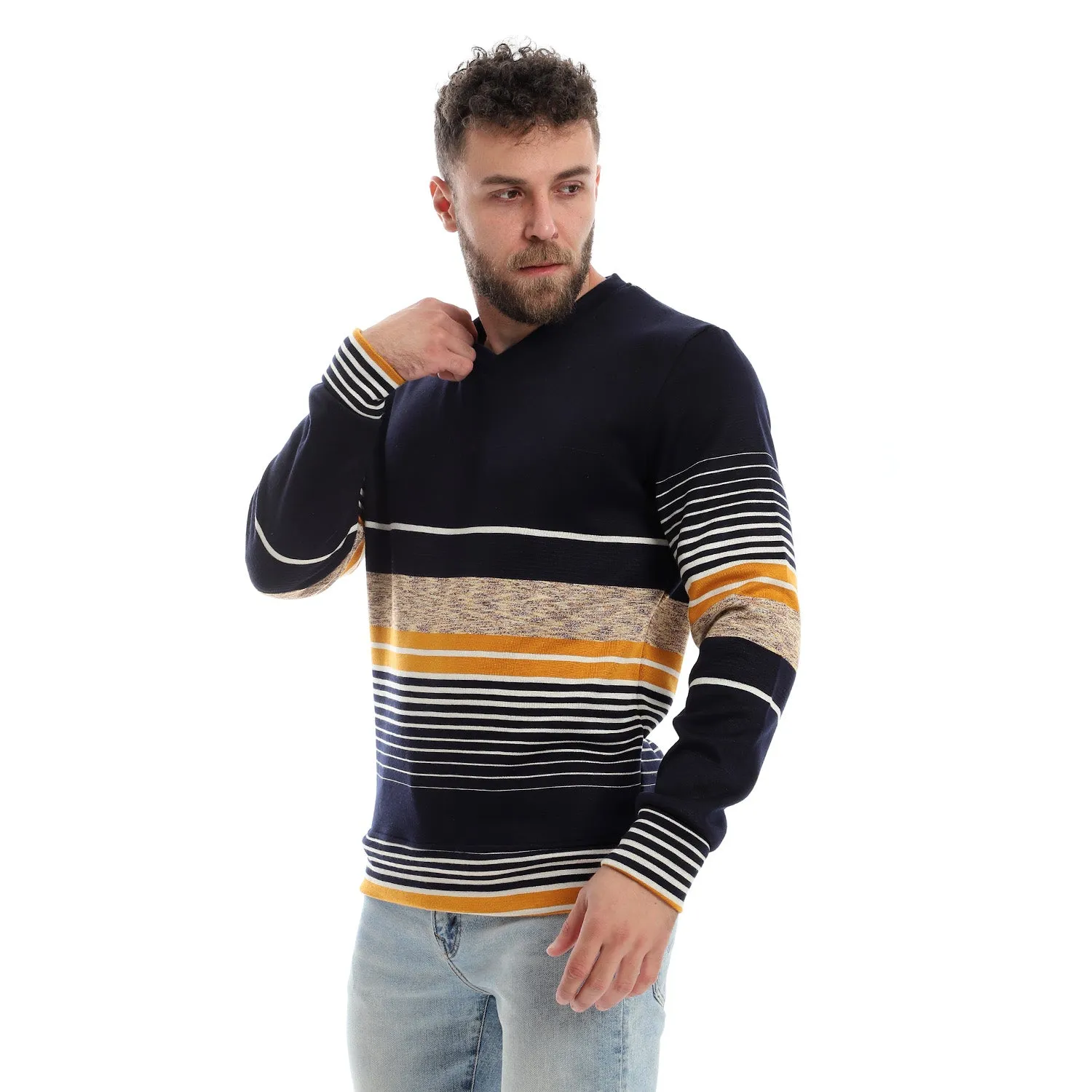 Stylish Striped V-Neck Sweatshirt - Kady