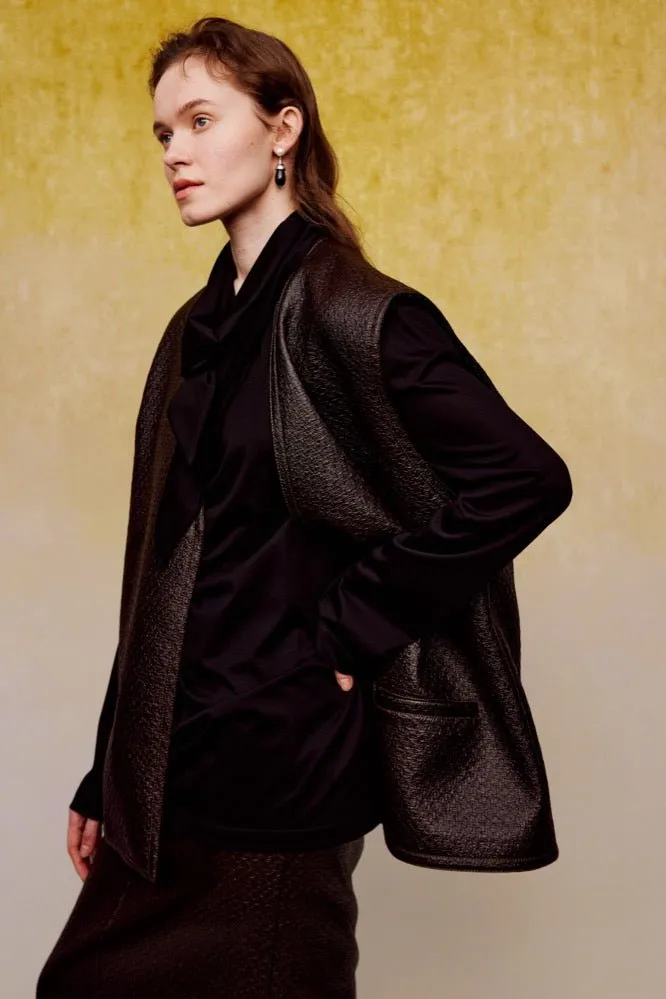 Textured Faux Leather Silhouette Vest in Brown