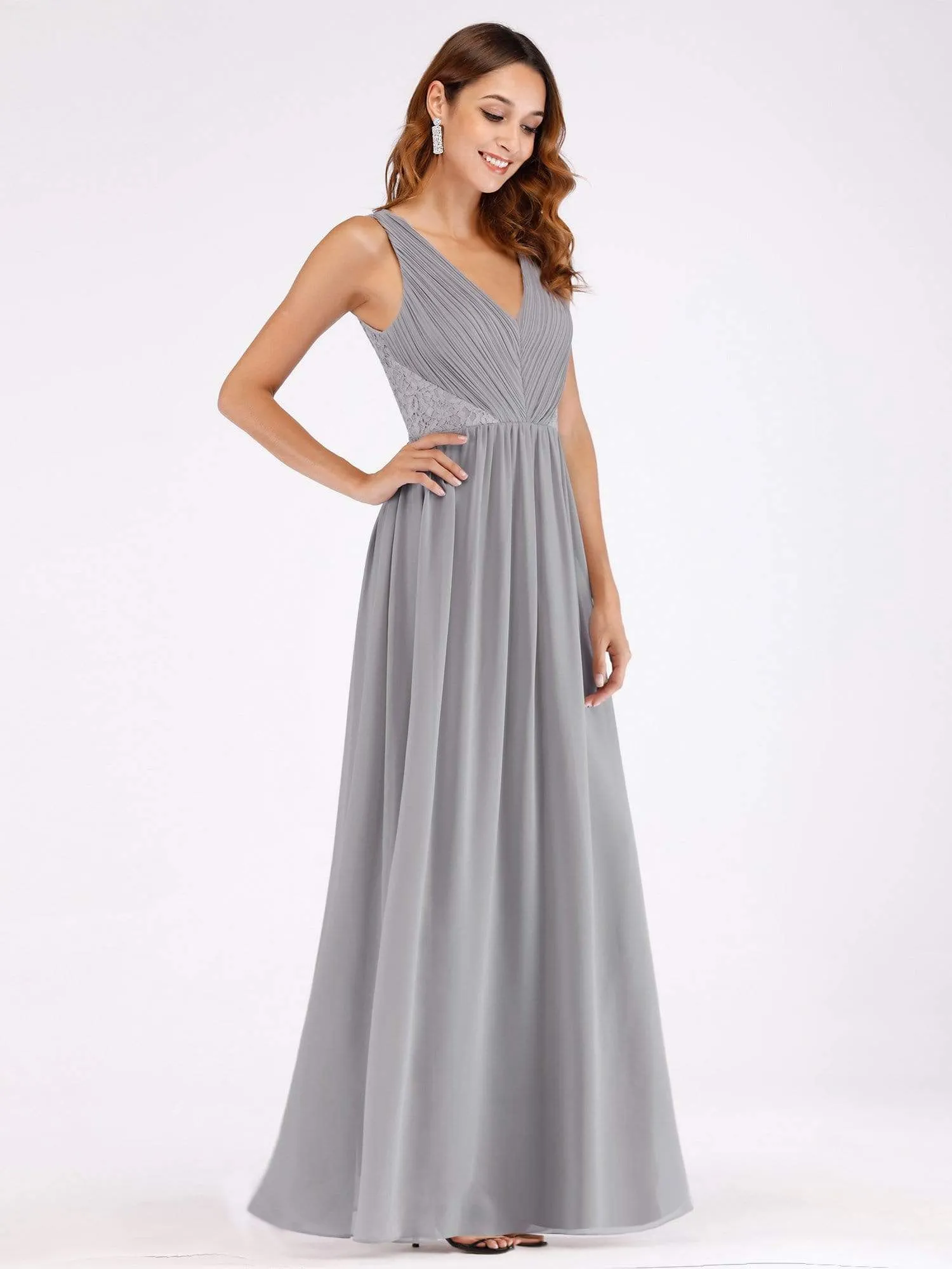 V Neck Ruched Bust Long Evening Dress